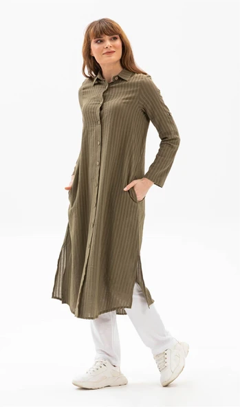 Uzun Kol Yakalı Gofre Mevsimlik ve Yazlık Tunik Haki Hk S Haki - Resim 4