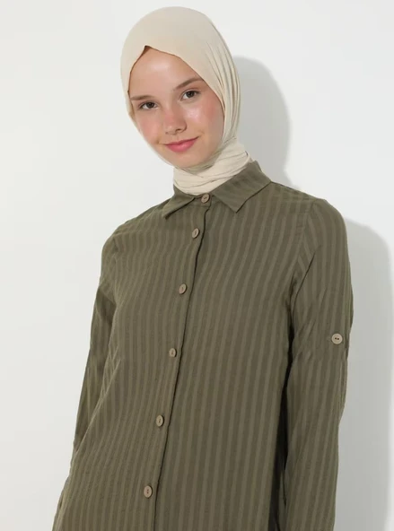 Uzun Kol Yakalı Gofre Mevsimlik ve Yazlık Tunik Haki Hk S Haki - Resim 9