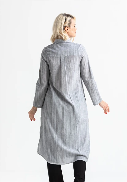 Uzun Kol Yakalı Gofre Mevsimlik ve Yazlık Tunik Gri 9007 S Gri - Resim 2