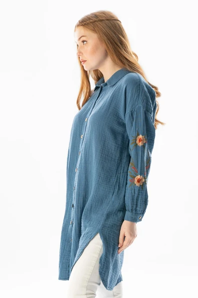 Uzun Kol Deste Gömlek Yaka Yazlık Müslin Tunik İndigo indg L İndigo - Resim 4