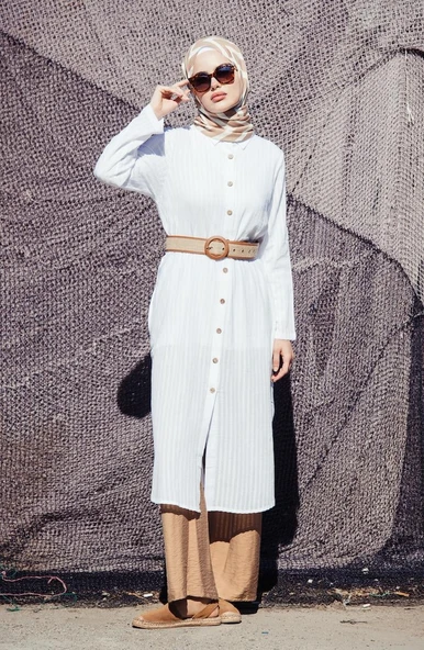 Uzun Kol Yakalı Gofre Mevsimlik ve Yazlık Tunik Beyaz Byz S Beyaz - Resim 6