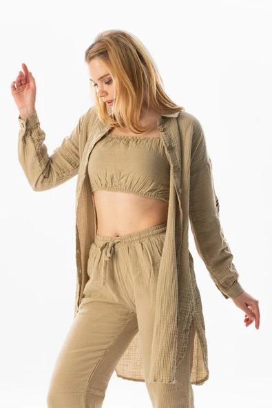 Uzun Kol Deste Gömlek Yaka Yazlık Müslin Tunik Vizon Vzn M Vizon - 5