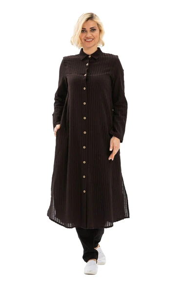 Uzun Kol Yakalı Gofre Mevsimlik ve Yazlık Tunik Siyah Syh S Siyah - Resim 6