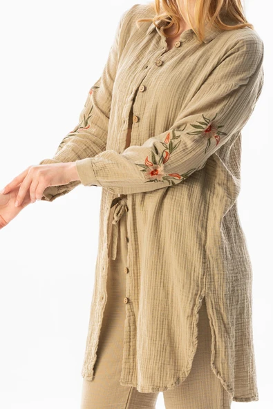 Uzun Kol Deste Gömlek Yaka Yazlık Müslin Tunik Vizon Vzn M Vizon - 4