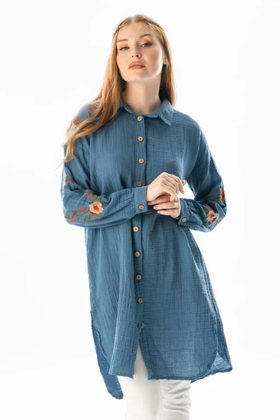 Uzun Kol Deste Gömlek Yaka Yazlık Müslin Tunik İndigo indg 2XL İndigo - 6