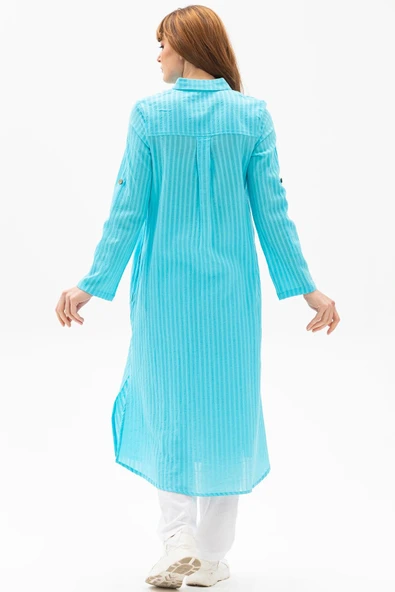 Uzun Kol Yakalı Gofre Mevsimlik ve Yazlık Tunik Turkuaz Trkz 2XL Turkuaz - Resim 2
