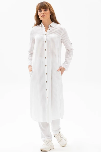 Uzun Kol Yakalı Gofre Mevsimlik ve Yazlık Tunik Beyaz Byz 3XL Beyaz ürün görseli