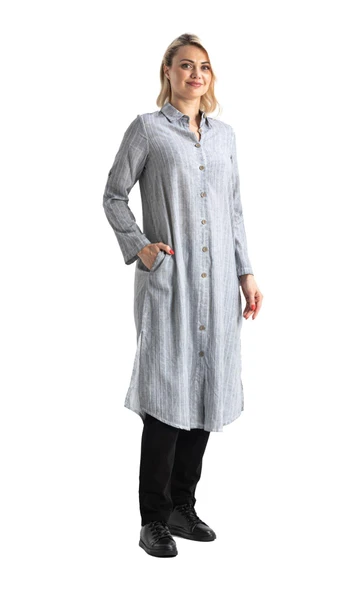 Uzun Kol Yakalı Gofre Mevsimlik ve Yazlık Tunik Gri 9007 S Gri - Resim 7