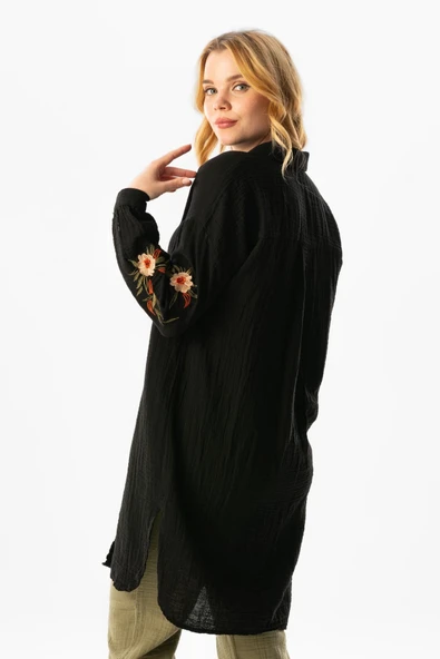 Uzun Kol Deste Gömlek Yaka Yazlık Müslin Tunik Siyah Syh L Siyah - 4