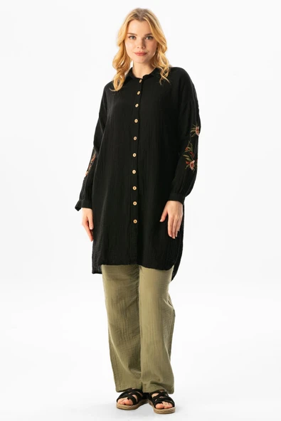 Uzun Kol Deste Gömlek Yaka Yazlık Müslin Tunik Siyah Syh XL Siyah - 6