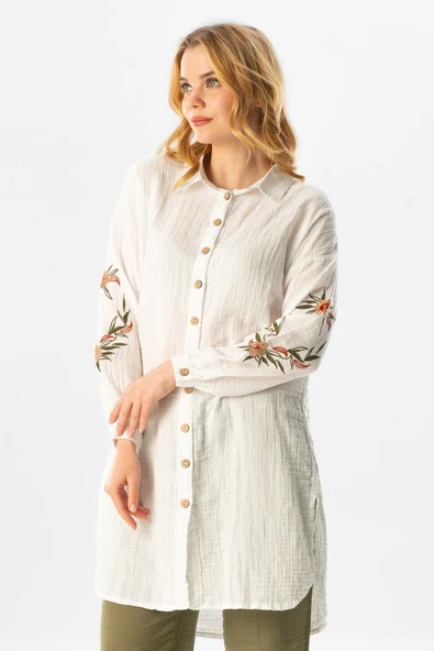 Uzun Kol Deste Gömlek Yaka Yazlık Müslin Tunik Beyaz Byz 2XL Beyaz - Resim 5