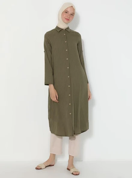 Uzun Kol Yakalı Gofre Mevsimlik ve Yazlık Tunik Haki Hk S Haki - Resim 6