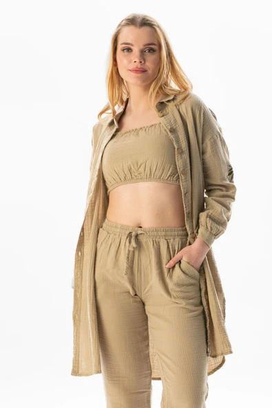 Uzun Kol Deste Gömlek Yaka Yazlık Müslin Tunik Vizon Vzn M Vizon - 3