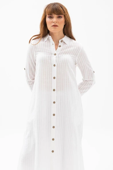 Uzun Kol Yakalı Gofre Mevsimlik ve Yazlık Tunik Beyaz Byz 2XL Beyaz - Resim 3