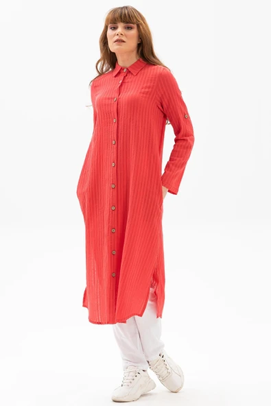 Uzun Kol Yakalı Gofre Mevsimlik ve Yazlık Tunik Mercan Mrcn 2XL Mercan ürün görseli