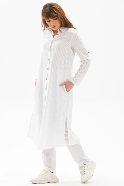 Uzun Kol Yakalı Gofre Mevsimlik ve Yazlık Tunik Beyaz Byz XL Beyaz - Resim 4