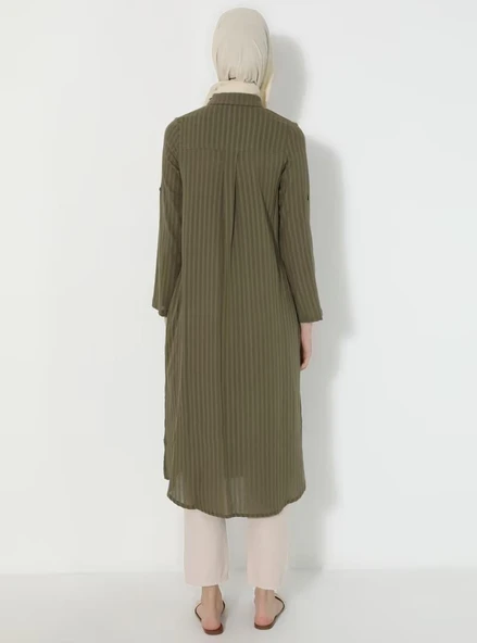 Uzun Kol Yakalı Gofre Mevsimlik ve Yazlık Tunik Haki Hk S Haki - Resim 8