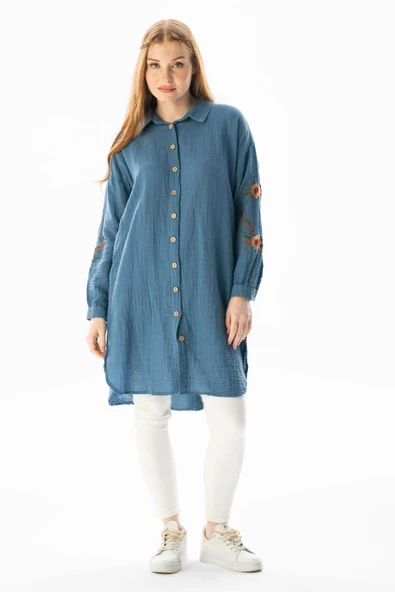Uzun Kol Deste Gömlek Yaka Yazlık Müslin Tunik İndigo indg M İndigo - 5