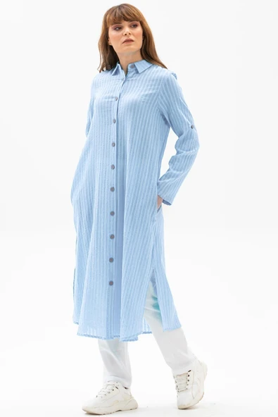 Uzun Kol Yakalı Gofre Mevsimlik ve Yazlık Tunik Buz Mavi 9012 S Buz Mavi ürün görseli