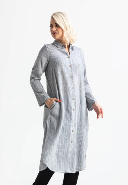 Uzun Kol Yakalı Gofre Mevsimlik ve Yazlık Tunik Gri 9007 S Gri - Resim 5