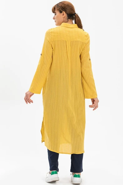 Uzun Kol Yakalı Gofre Mevsimlik ve Yazlık Tunik Sarı Sarı XL Sarı - Resim 2