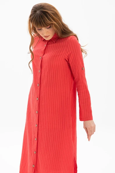 Uzun Kol Yakalı Gofre Mevsimlik ve Yazlık Tunik Mercan Mrcn XL Mercan - Resim 3