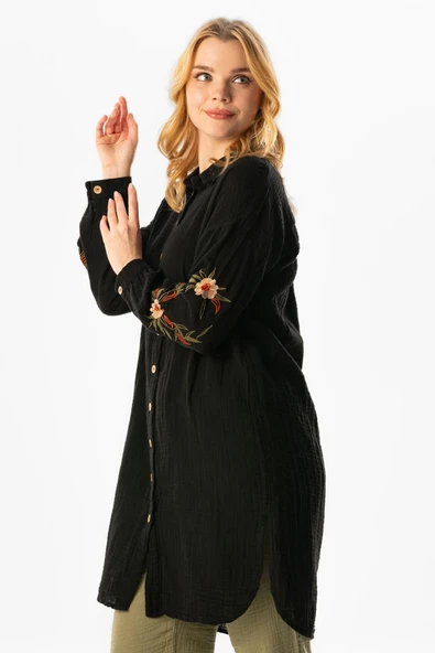 Uzun Kol Deste Gömlek Yaka Yazlık Müslin Tunik Siyah Syh L Siyah - 5