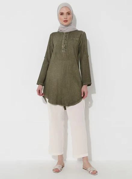 Akasya Şile Bezi Yazlık Tunik Haki Hk L Haki - Resim 9