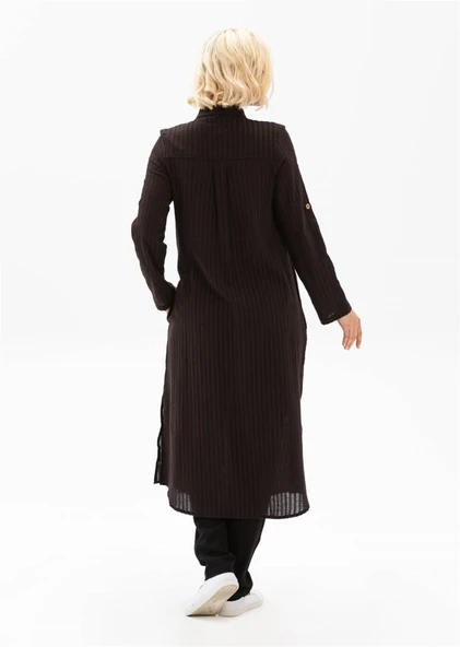 Uzun Kol Yakalı Gofre Mevsimlik ve Yazlık Tunik Siyah Syh S Siyah - Resim 2