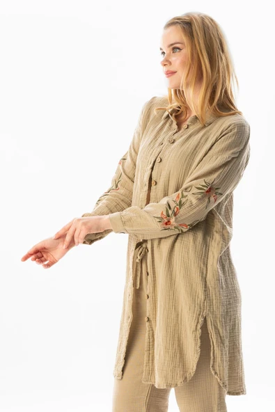 Uzun Kol Deste Gömlek Yaka Yazlık Müslin Tunik Vizon Vzn M Vizon