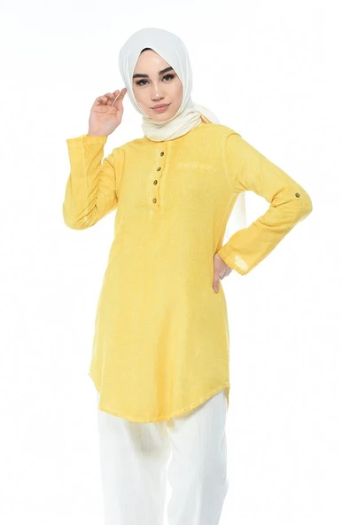 Akasya Şile Bezi Yazlık Tunik Sarı Sarı 2XL Sarı - Resim 8