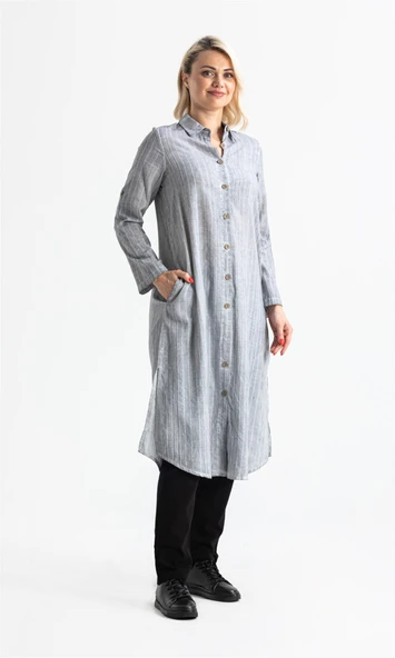 Uzun Kol Yakalı Gofre Mevsimlik ve Yazlık Tunik Gri 9007 S Gri ürün görseli