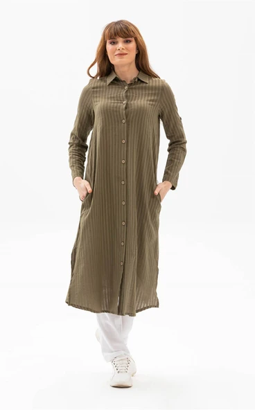 Uzun Kol Yakalı Gofre Mevsimlik ve Yazlık Tunik Haki Hk S Haki ürün görseli