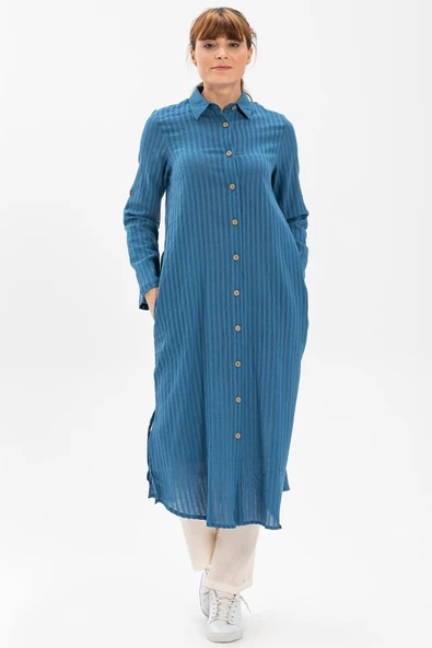 Uzun Kol Yakalı Gofre Mevsimlik ve Yazlık Tunik Kot Mavi 9011 S Kot Mavi ürün görseli