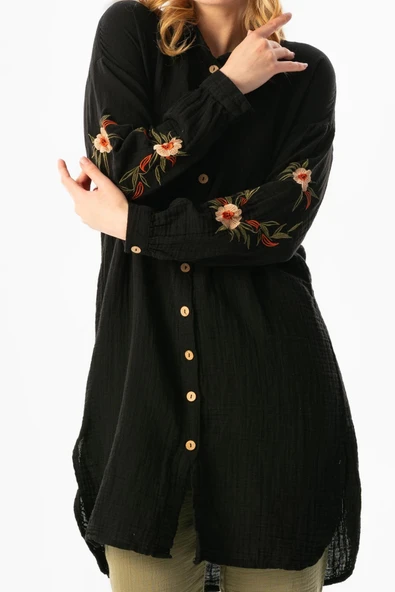 Uzun Kol Deste Gömlek Yaka Yazlık Müslin Tunik Siyah Syh M Siyah - 3