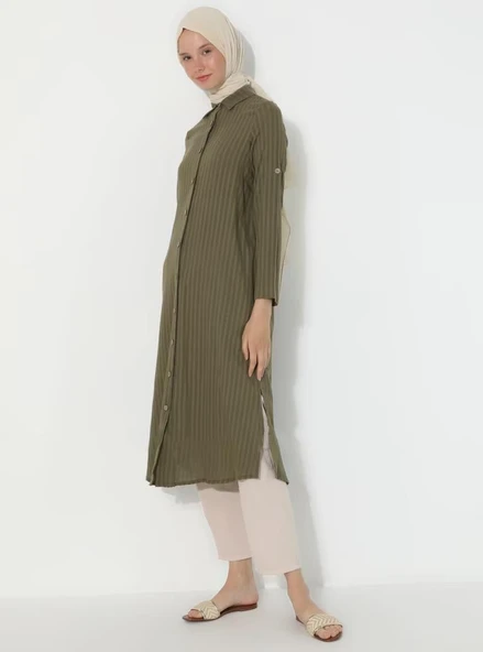 Uzun Kol Yakalı Gofre Mevsimlik ve Yazlık Tunik Haki Hk S Haki - Resim 7