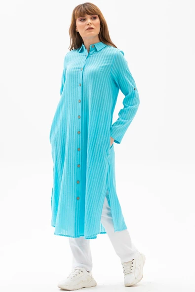 Uzun Kol Yakalı Gofre Mevsimlik ve Yazlık Tunik Turkuaz Trkz 2XL Turkuaz - Resim 4