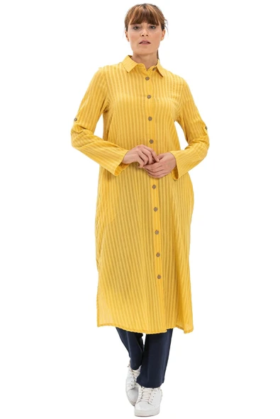 Uzun Kol Yakalı Gofre Mevsimlik ve Yazlık Tunik Sarı Sarı 3XL Sarı - Resim 5