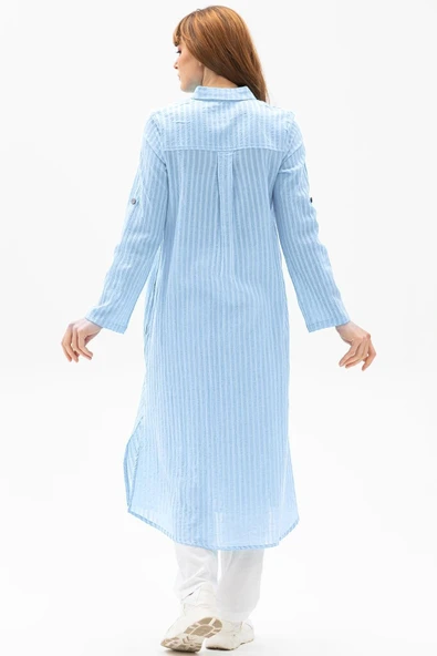 Uzun Kol Yakalı Gofre Mevsimlik ve Yazlık Tunik Buz Mavi 9012 S Buz Mavi - Resim 2