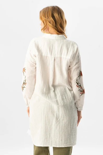 Uzun Kol Deste Gömlek Yaka Yazlık Müslin Tunik Beyaz Byz L Beyaz - 2