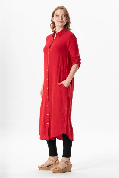 Uzun Kol Gömlek Yaka Hafsa Müslin Yazlık Tunik Kırmızı Krmz 2XL-3XL Kırmızı - Resim 4