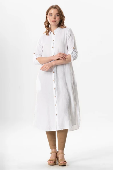 Uzun Kol Gömlek Yaka Hafsa Müslin Yazlık Tunik Beyaz Byz L/XL Beyaz - 4