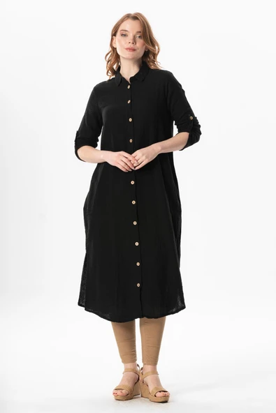 Uzun Kol Gömlek Yaka Hafsa Müslin Yazlık Tunik Siyah Syh 2XL-3XL Siyah