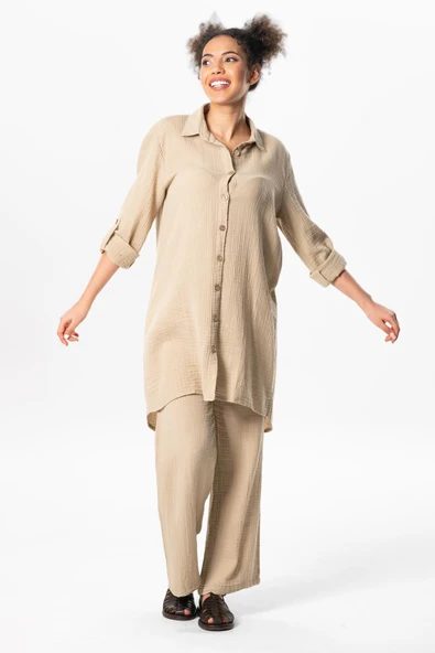 Uzun Katlanabilir Kol Sedanur Gömlek Yaka Yazlık Müslin Tunik Vizon Vzn S Vizon - Resim 5