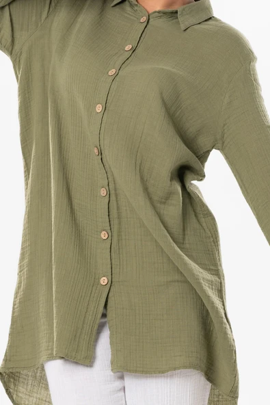 Büyük Beden Uzun Kol Sedanur Gömlek Yaka Yazlık Müslin Tunik Haki Hk 4XL Haki - 3