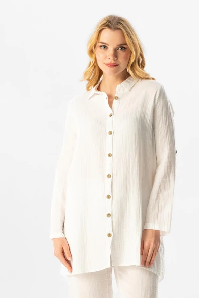 Uzun Katlanabilir Kol Sedanur Gömlek Yaka Yazlık Müslin Tunik Beyaz Byz XL Beyaz ürün görseli