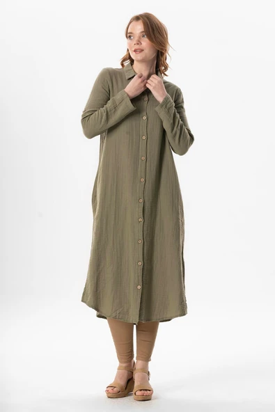 Uzun Kol Gömlek Yaka Hafsa Müslin Yazlık Tunik Haki Hk 4XL/5XL Haki - Resim 4