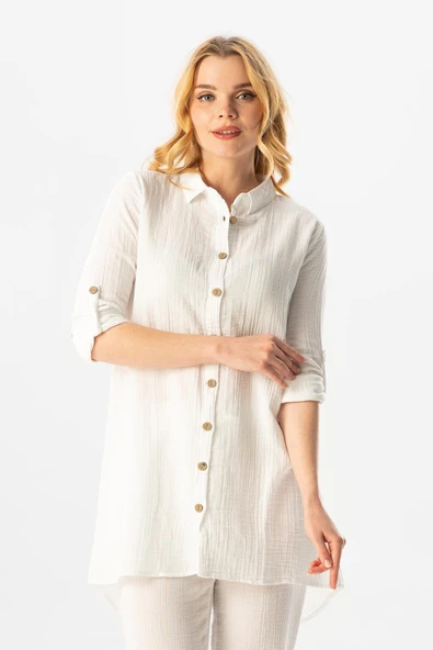 Uzun Katlanabilir Kol Sedanur Gömlek Yaka Yazlık Müslin Tunik Beyaz Byz M Beyaz - Resim 6