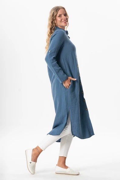 Uzun Kol Gömlek Yaka Hafsa Müslin Yazlık Tunik İndigo indg 2XL-3XL İndigo - Resim 5