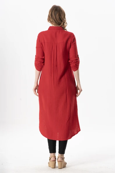 Uzun Kol Gömlek Yaka Hafsa Müslin Yazlık Tunik Kırmızı Krmz 4XL/5XL Kırmızı - 2